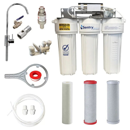 10"x2.5" Triple LED UV system complete install kit non watermark housings antibacterial tank water zinc infused sediment,  chloramine fluoride reducing and silver infused carbon block filter