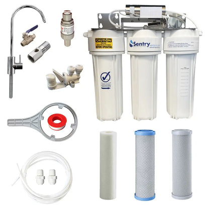 10"x2.5" Triple LED UV system complete install kit non watermark housings antibacterial tank water zinc infused sediment,  heavy metals reducing and silver infused carbon block filter