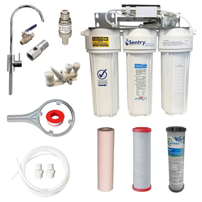 10"x2.5" Triple LED UV system complete install kit with watermark housings sediment, chloramine fluoride reducing carbon block filter, and Matrikx PB1