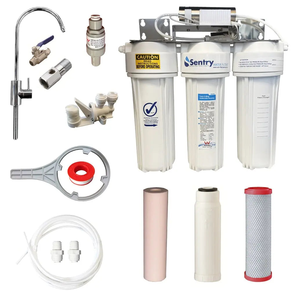 10"x2.5" Triple LED UV system complete install kit with watermark housings sediment, Hollow fibre, and chloramine fluoride reducing carbon block filter