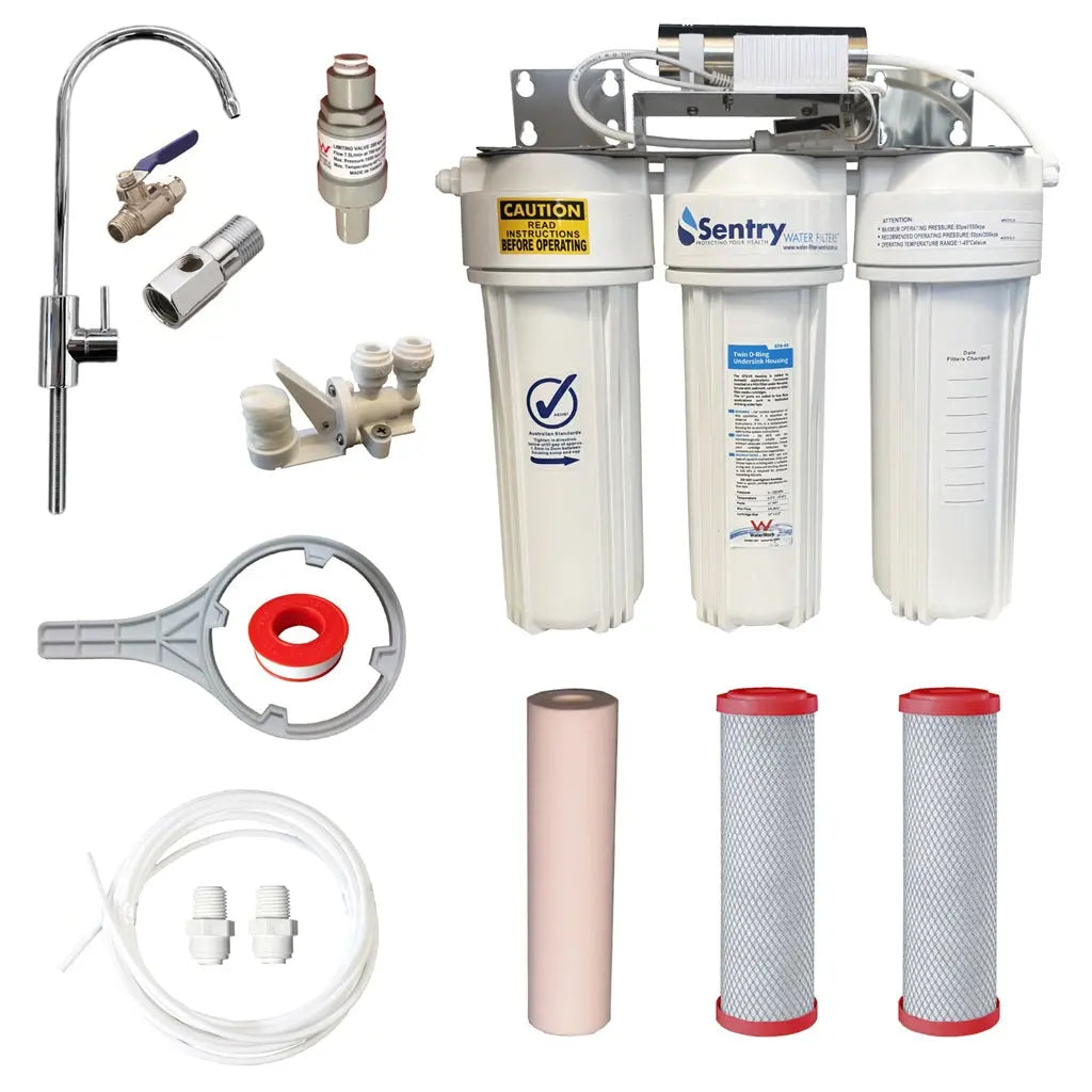 10"x2.5" Triple LED UV system complete install kit with watermark housings sediment and two chloramine fluoride reducing carbon block filters