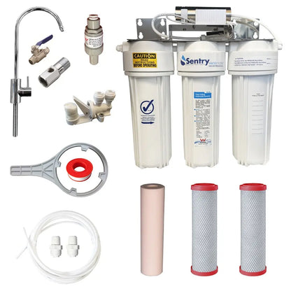 10"x2.5" Triple LED UV system complete install kit with watermark housings sediment and two chloramine fluoride reducing carbon block filters