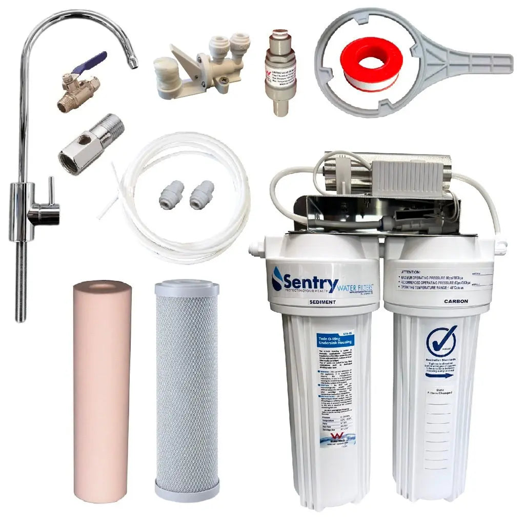 10"x2.5" LED UV system complete install kit with watermark housings sediment filter and silver infused carbon block filter