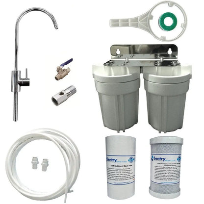Caravan dual twin water filter modern faucet 1 micron sediment spun filter and  0.5 micron carbon block