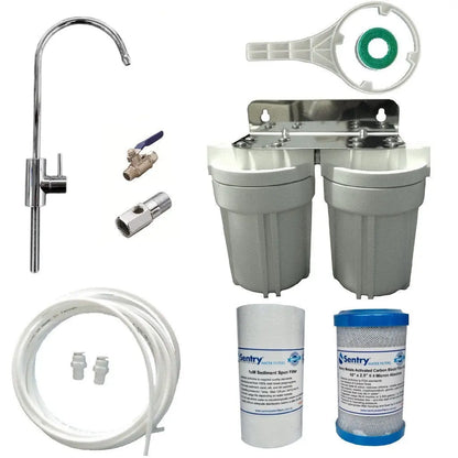 Caravan dual twin water filter modern faucet 1 micron sediment spun filter and 0.5 micron heavy metals reducing filter