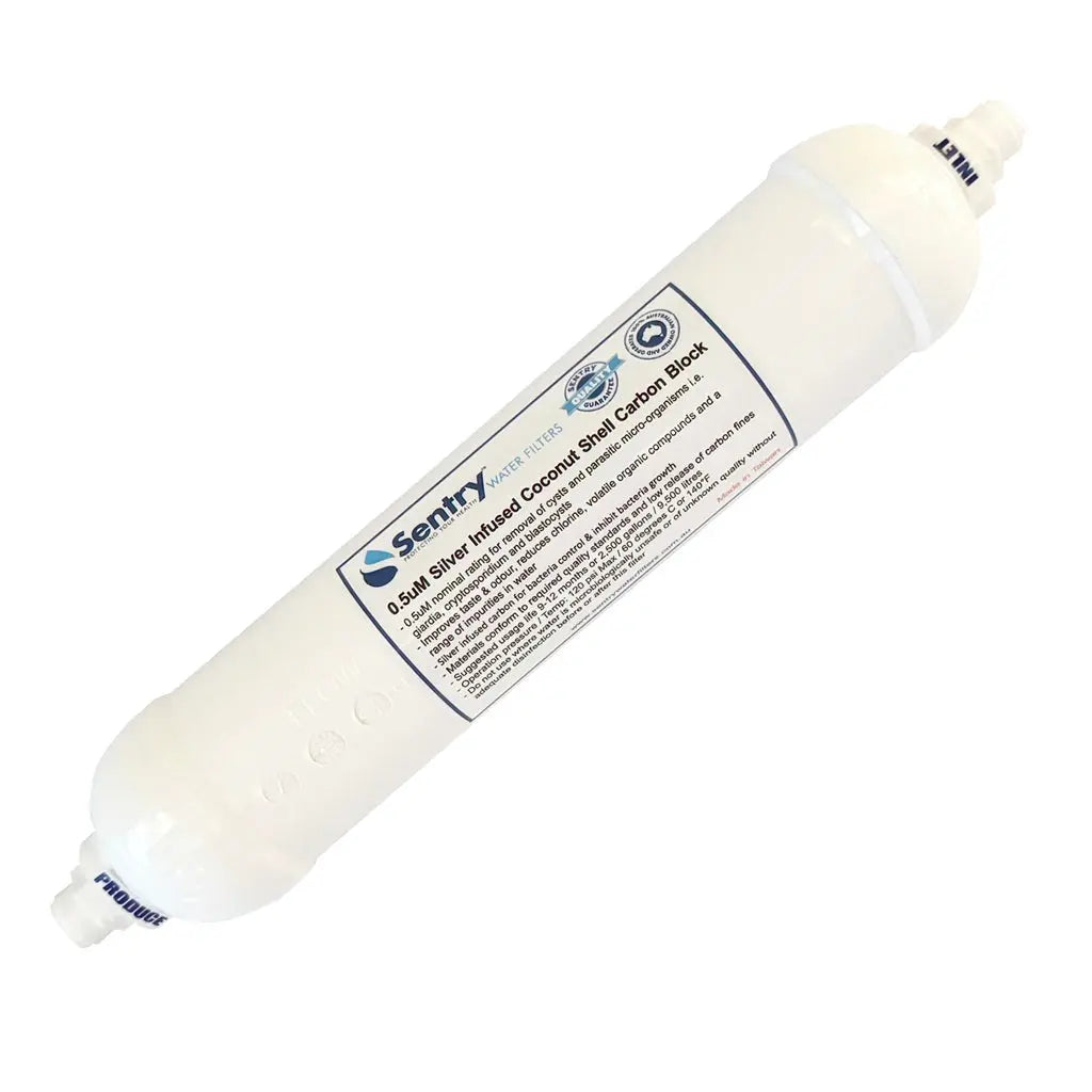 Inline filter 0.5uM silver infused coconut shell activated carbon block filter from Sentry Water Filters with quick fit connector option