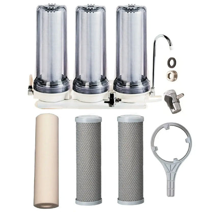 clear housing Triple countertop system for tank water sediment with two silver infused carbon block filters