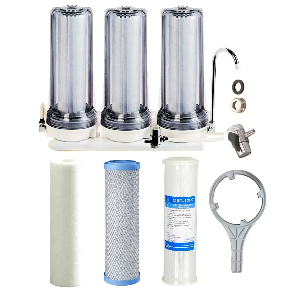 clear housing Triple countertop system for tank water zinc infused antibacterial sediment with heavy metals reduction filter and 3 in 1 bacteria reducing filter