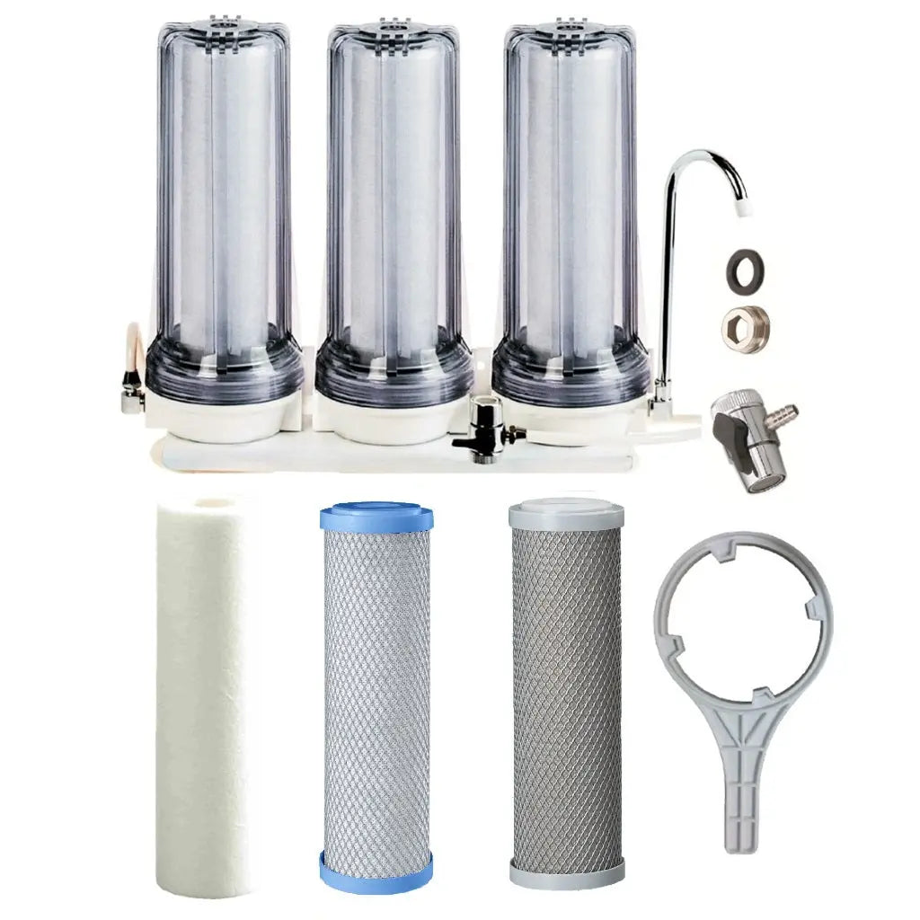 clear housing Triple countertop system for tank water zinc infused antibacterial sediment with heavy metals reducing carbon block and silver infused carbon block filter