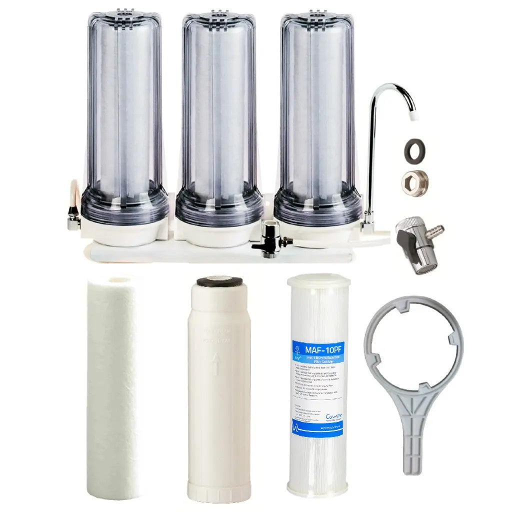 clear housing Triple countertop system for tank water zinc infused antibacterial sediment with hollow fiber filter and 3 in 1 bacteria reducing filter