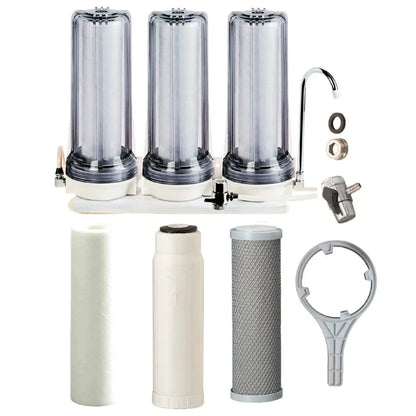 clear housing Triple countertop system for tank water zinc infused antibacterial sediment with hollow fiber filter and silver infused carbon block filter