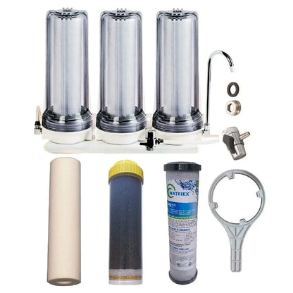 Sentry clear triple benchtop mains filtration system town water countertop 3 stage filter spun sediment, KDF media, Matrikx PB1