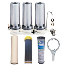 Load image into Gallery viewer, Sentry clear triple benchtop mains filtration system town water countertop 3 stage filter spun sediment, KDF media, Matrikx PB1