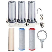 Load image into Gallery viewer, Sentry triple benchtop mains filtration system town water countertop 3 stage filter spun sediment, heavy metals, fluoride/chloramine