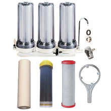Load image into Gallery viewer, Sentry clear triple benchtop mains filtration system town water countertop 3 stage filter spun sediment, KDF Media, fluoride/chloramine