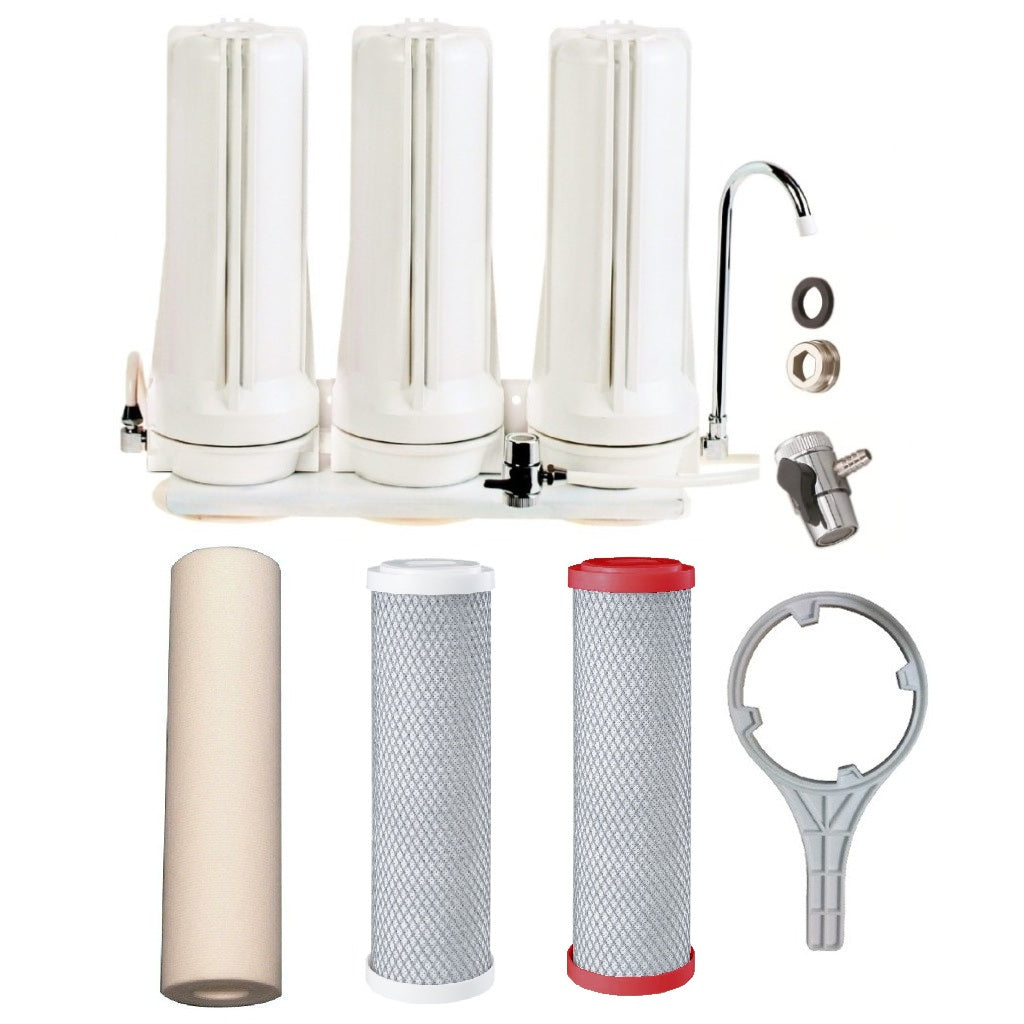 Sentry White triple benchtop mains filtration system town water countertop 3 stage filter spun sediment, 5uM Carbon Block, fluoride/chloramine