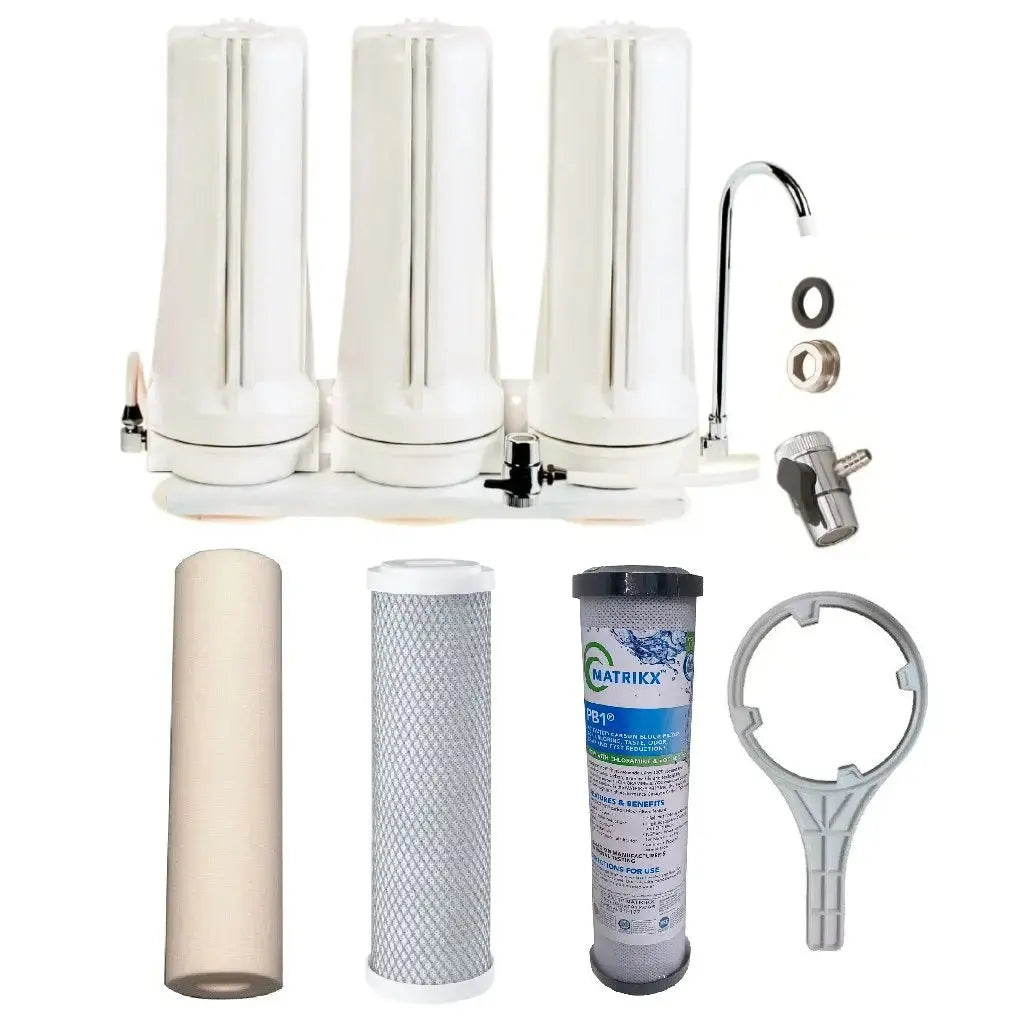 Sentry White triple benchtop mains filtration system town water countertop 3 stage filter spun sediment, 5uM carbon block, Matrikx PB1