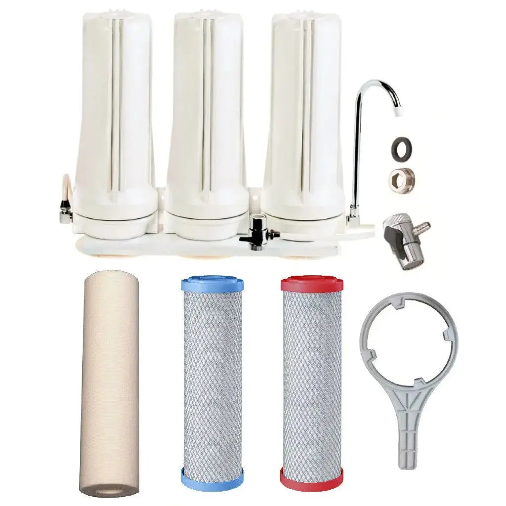 Sentry White triple benchtop mains filtration system town water countertop 3 stage filter spun sediment, heavy metals, fluoride/chloramine