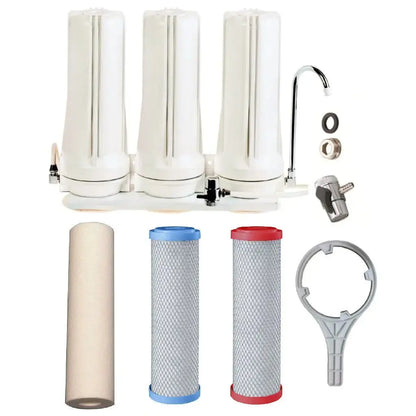 Sentry White triple benchtop mains filtration system town water countertop 3 stage filter spun sediment, heavy metals, fluoride/chloramine