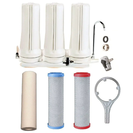 Sentry White triple benchtop mains filtration system town water countertop 3 stage filter spun sediment, heavy metals, fluoride/chloramine