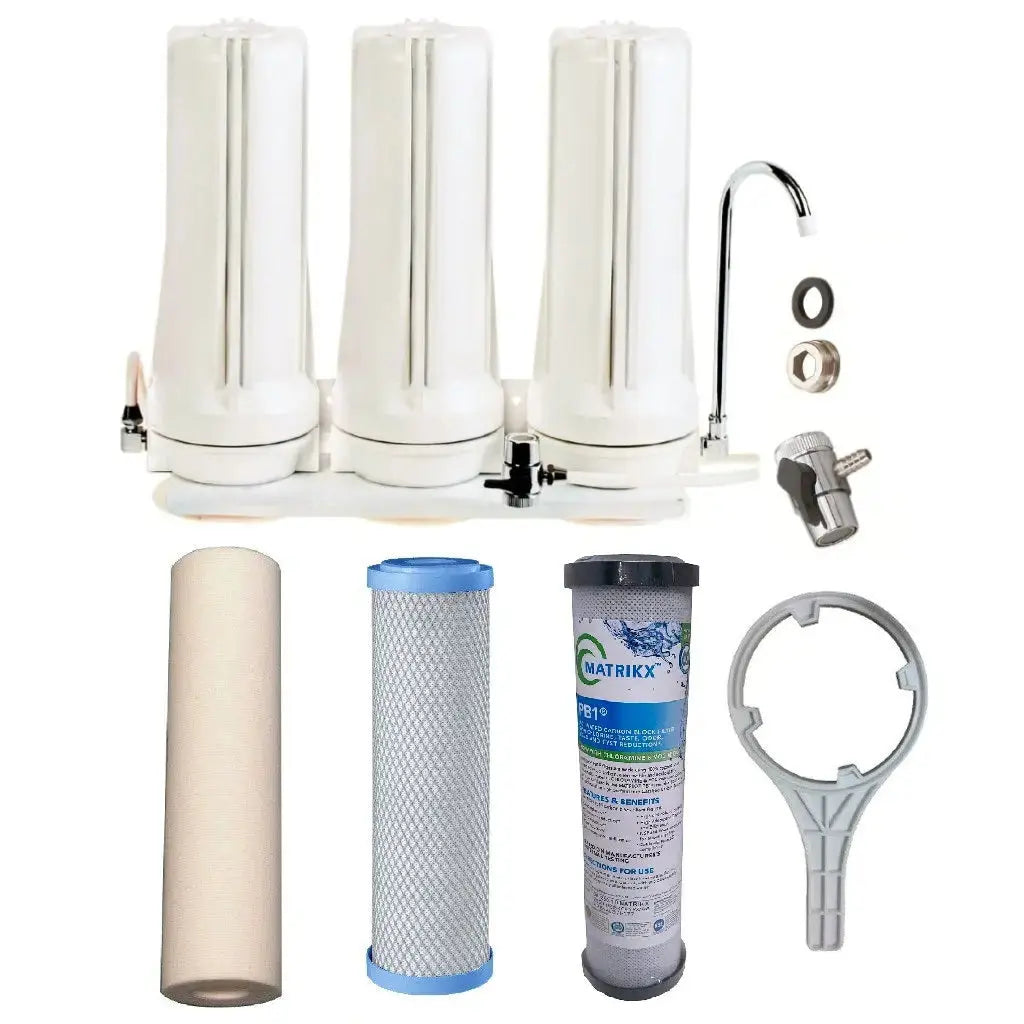 Sentry White triple benchtop mains filtration system town water countertop 3 stage filter spun sediment, heavy metals, Matrikx PB1