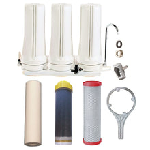 Load image into Gallery viewer, Sentry White triple benchtop mains filtration system town water countertop 3 stage filter spun sediment, KDF media, fluoride/chloramine