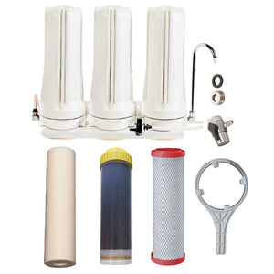 Sentry White triple benchtop mains filtration system town water countertop 3 stage filter spun sediment, KDF media, fluoride/chloramine