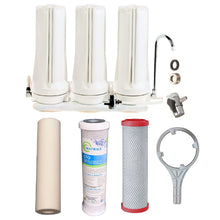 Load image into Gallery viewer, Sentry White triple benchtop mains filtration system town water countertop 3 stage filter spun sediment, Matrikx 5uM CTO, fluoride/chloramine