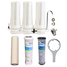 Load image into Gallery viewer, Sentry White triple benchtop mains filtration system town water countertop 3 stage filter spun sediment, Matrikx 5uM CTO, Matrikx PB1