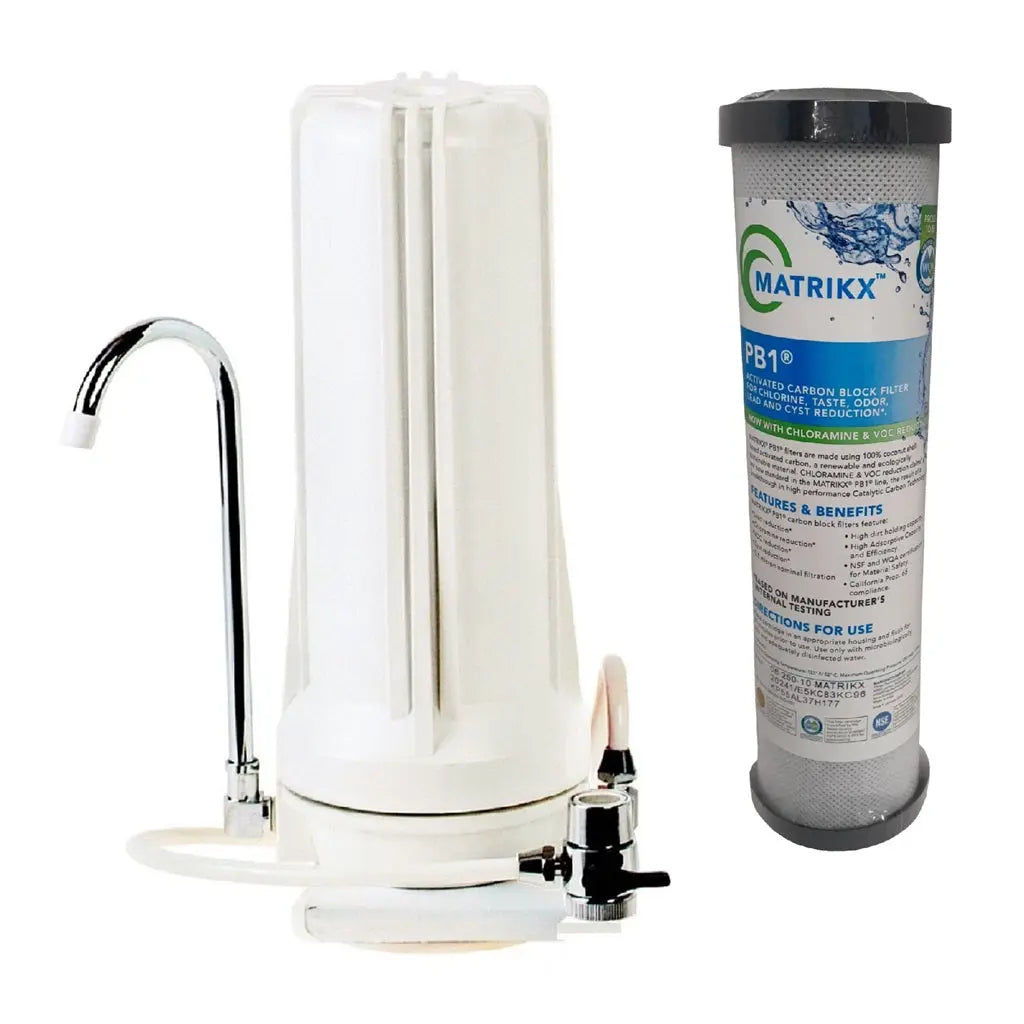 White Countertop Carbon Chlorine Fluoride Filter Sentry Water Filters
single white housing Matrikx PB1 carbon block 0.5 micron