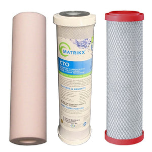 Filters 10x2.5 0.5 micron spun sediment, 5 micron matrikx KX CTO, 0.5 micron chloramine fluoride reduction filters