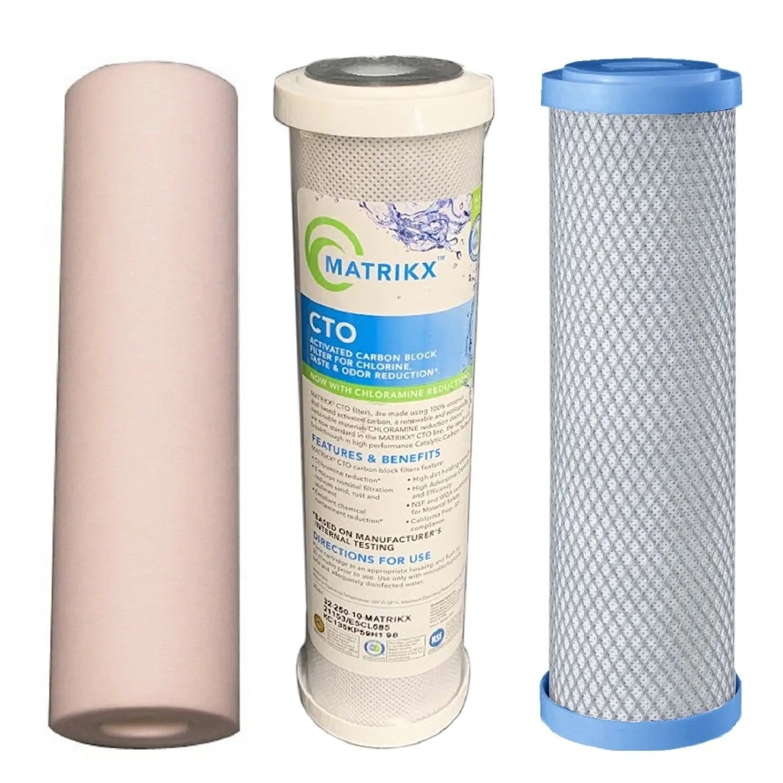 Filters 10x2.5 0.5 micron spun sediment, 5 micron matrikx KX CTO, 0.5 micron heavy metals reduction filter