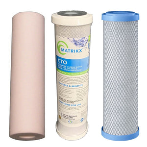 Filters 10x2.5 0.5 micron spun sediment, 5 micron matrikx KX CTO, 0.5 micron heavy metals reduction filter