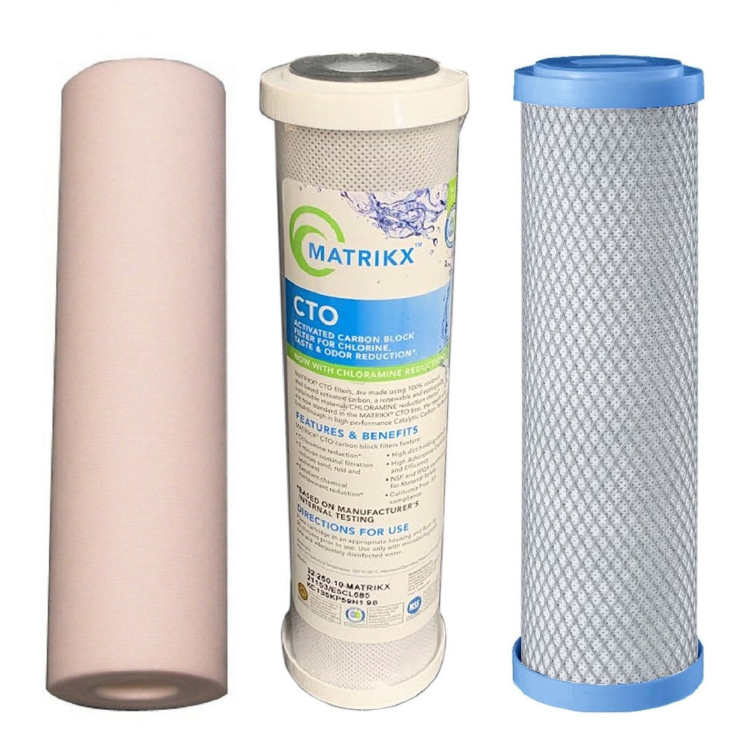 Filters 10x2.5 0.5 micron spun sediment, 5 micron matrikx KX CTO, 0.5 micron heavy metals reduction filter