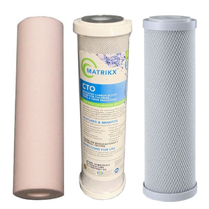 Filters 10x2.5 0.5 micron spun sediment, 5 micron matrikx KX CTO, 0.5 micron antibacterial silver infused carbon block filter