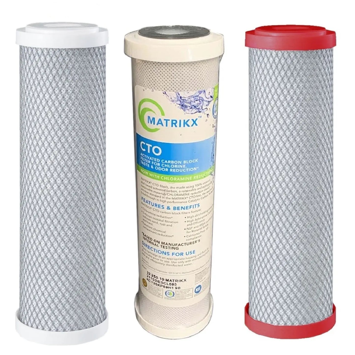 Filters 10x2.5 5 micron carbon block, 5 micron matrikx KX CTO, 0.5 micron chloramine fluoride reduction filters