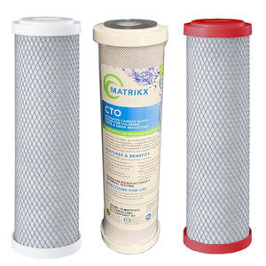 Filters 10x2.5 5 micron carbon block, 5 micron matrikx KX CTO, 0.5 micron chloramine fluoride reduction filters