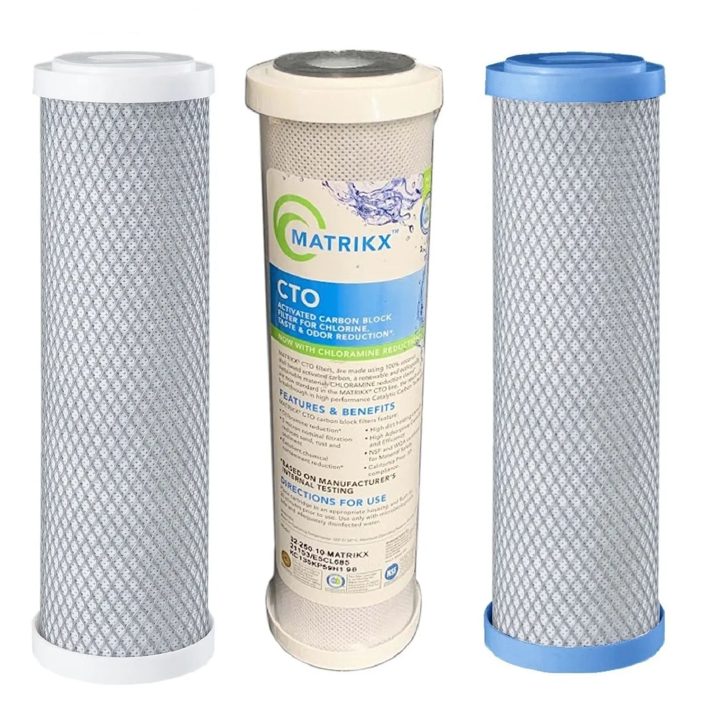 Filters 10x2.5 5 micron carbon block, 5 micron matrikx KX CTO, 0.5 micron heavy metals reduction filter