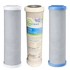 Filters 10x2.5 5 micron carbon block, 5 micron matrikx KX CTO, 0.5 micron heavy metals reduction filter