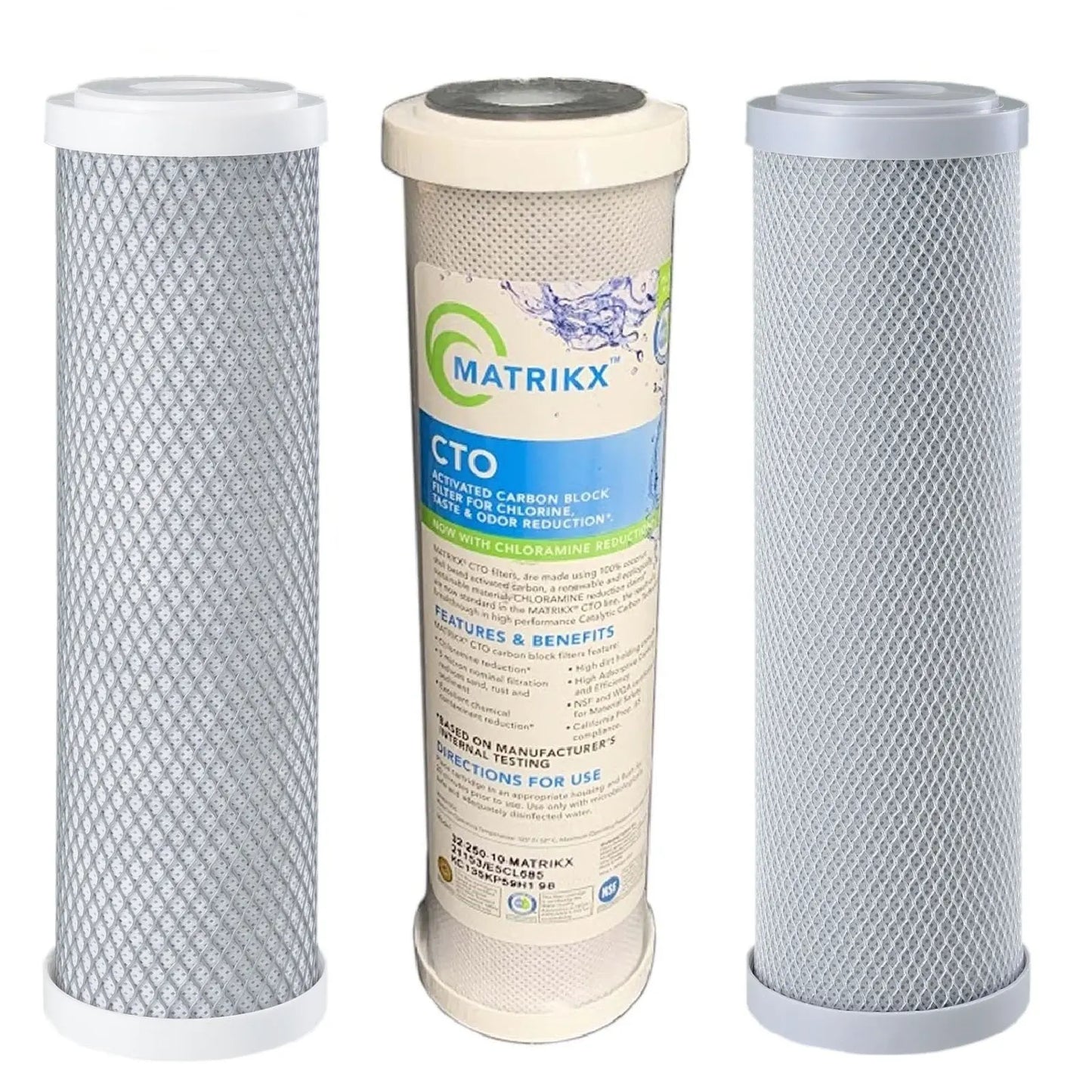 Filters 10x2.5 5 micron carbon block, 5 micron matrikx KX CTO, 0.5 micron antibacterial silver infused carbon block filter