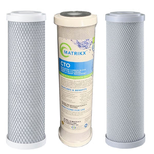 Filters 10x2.5 5 micron carbon block, 5 micron matrikx KX CTO, 0.5 micron antibacterial silver infused carbon block filter