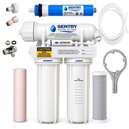 Sentry Water Filters 50GPD reverse osmosis water purifier kit with white main filter body, two white filter canisters, a blue replacement carbon filter, a pink pre-filter, a gray mesh filter, metal connectors, and white tubing on a white background.