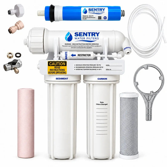 Sentry Water Filters 75GPD reverse osmosis water purifier kit with white main filter body, two white filter canisters, a blue replacement carbon filter, a pink pre-filter, a gray mesh filter, metal connectors, and white tubing on a white background.