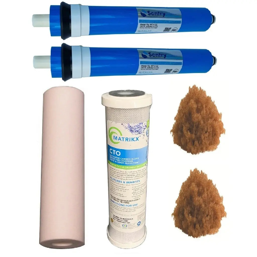 Sentry Water Filters Reverse Osmosis RO PRO DJ-5 high volume pre-filters with two 50gpd membranes and two resin refills. Cartridge not included