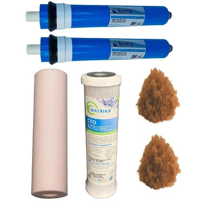 Sentry Water Filters Reverse Osmosis RO PRO DJ-5 high volume pre-filters with two 50gpd membranes and two resin refills. Cartridge not included