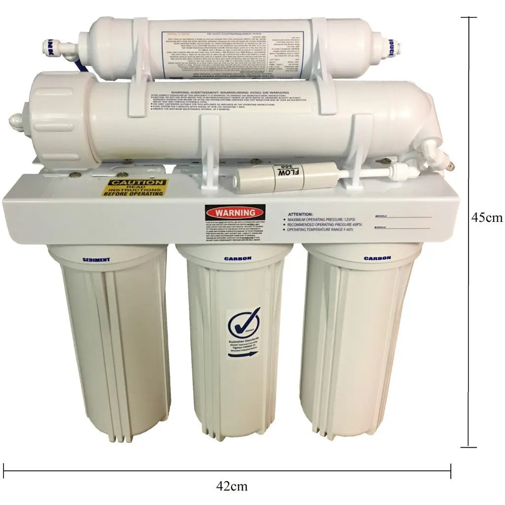 Dimensions of Sentry Water Filter 7-Stage RO unit. Height is 45cm, width is 42cm and depth is 16cm.