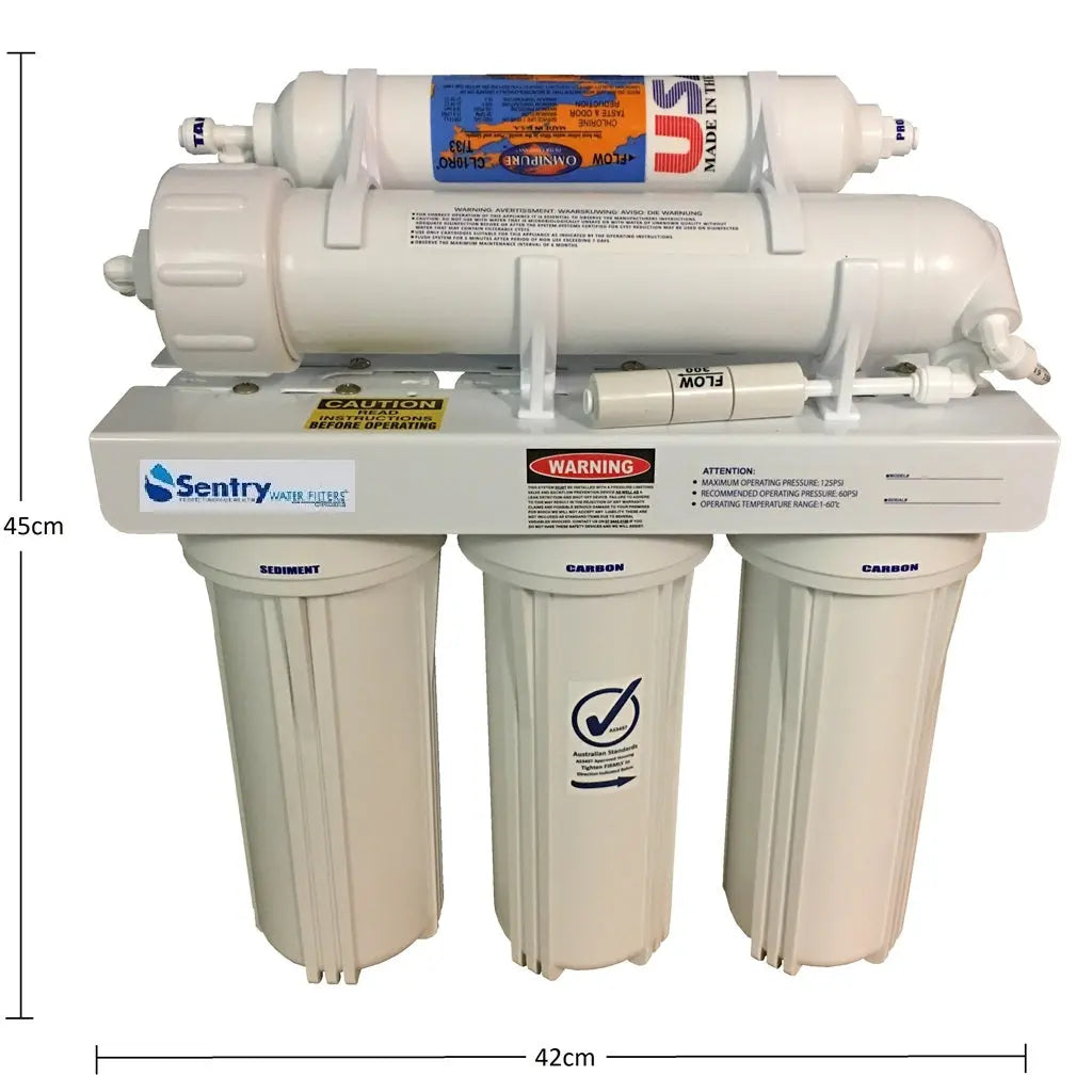 Sentry Water Filters RO Reverse Osmosis stage 5 USA with dimensions 45cm in height, 42cm in width, and 16cm in depth.