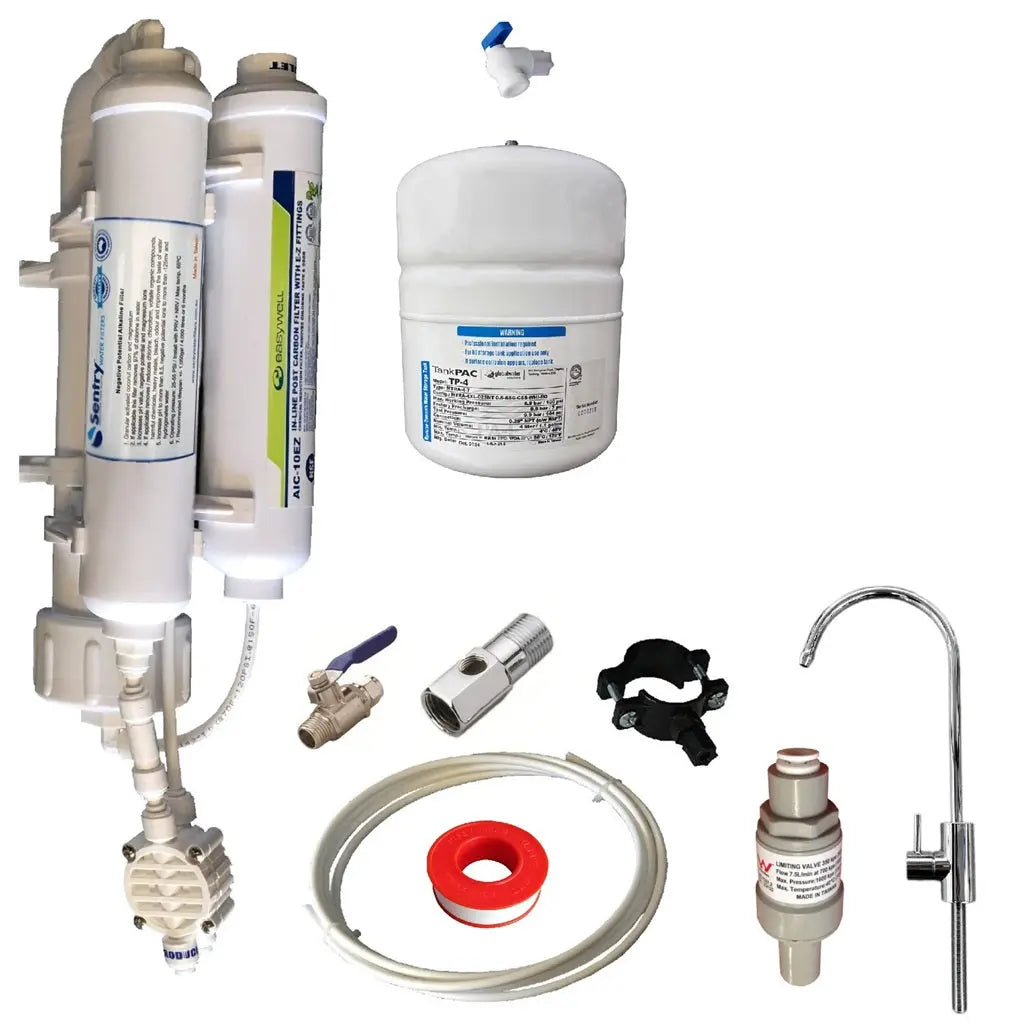 Sentry Water Filters ROI compact in-line filtration system complete installation kit image with ONE 2L reverse osmosis pressurised water tank