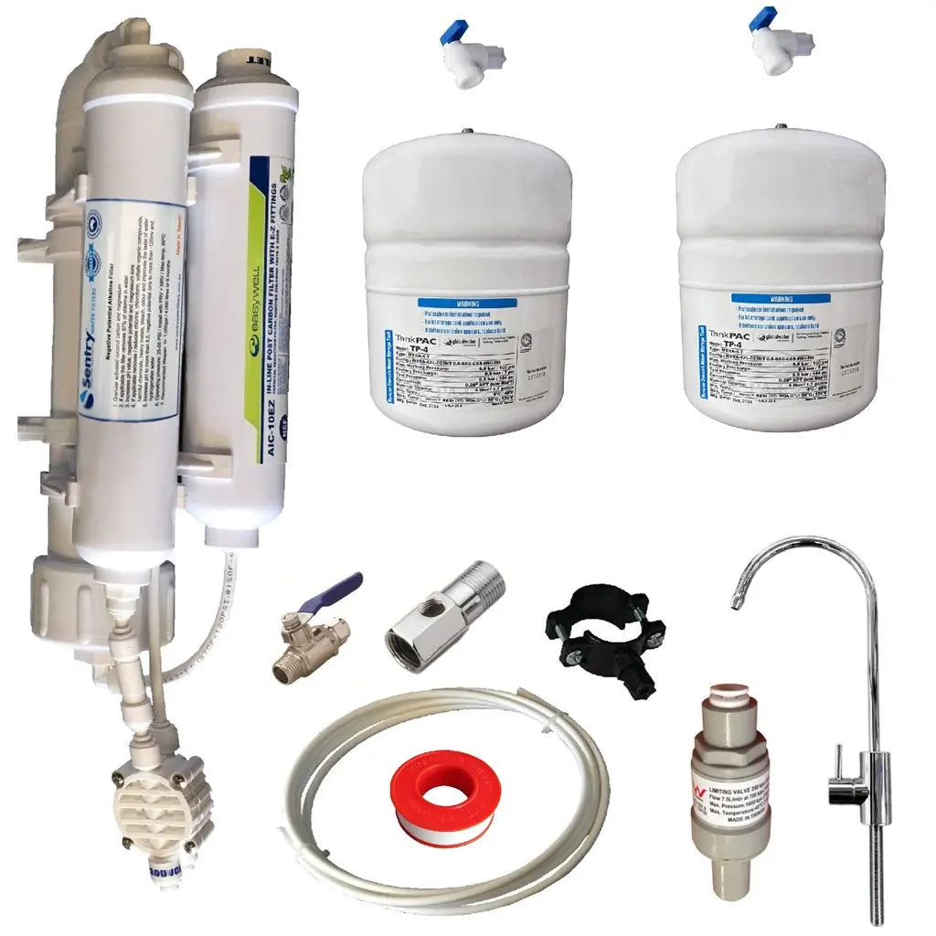Sentry Water Filters ROI compact in-line filtration system complete installation kit image with x2 2L reverse osmosis pressurised water tanks