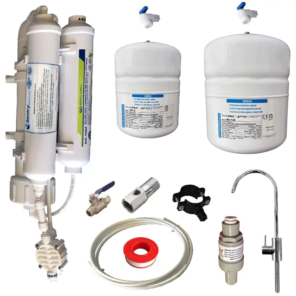 Sentry Water Filters ROI compact in-line filtration system complete installation kit image with x1 2L and x1 
 5L reverse osmosis pressurised water tanks